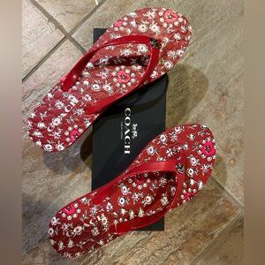 BNIB COACH ABBIGAIL FLORAL RUBBER FLIP FLOPS SIZE 10 RED